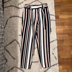 Express Ankle High Rise Paper Bag Style Pant Size 4 White Navy & Pink Striped
